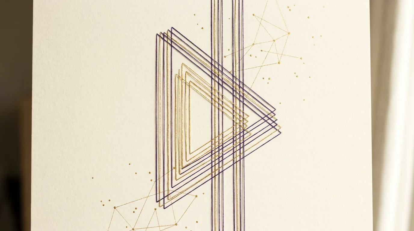Abstract Art | AHEG Research An abstract geometric artwork features layered triangles and connecting dotted lines, representing research connections.