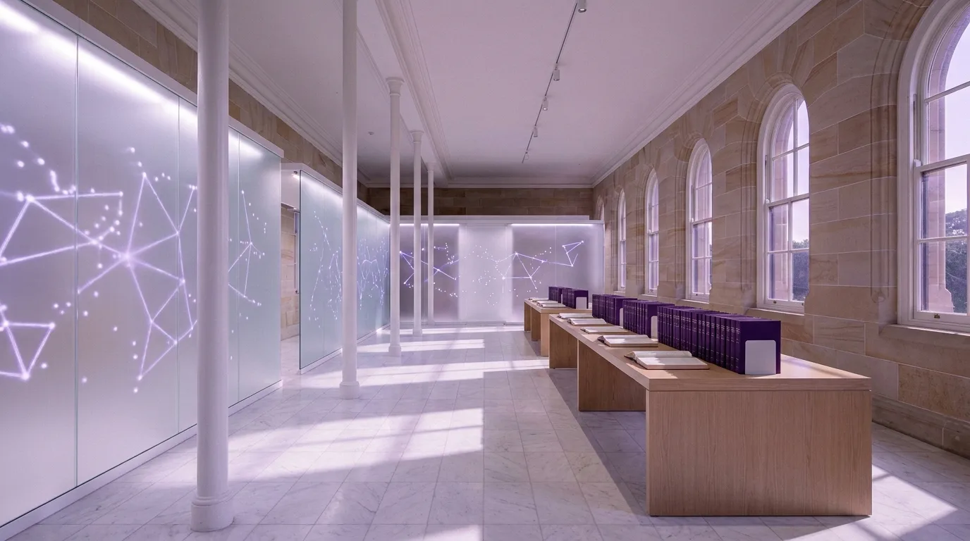 Frosted glass panels with violet light traces in the research gallery