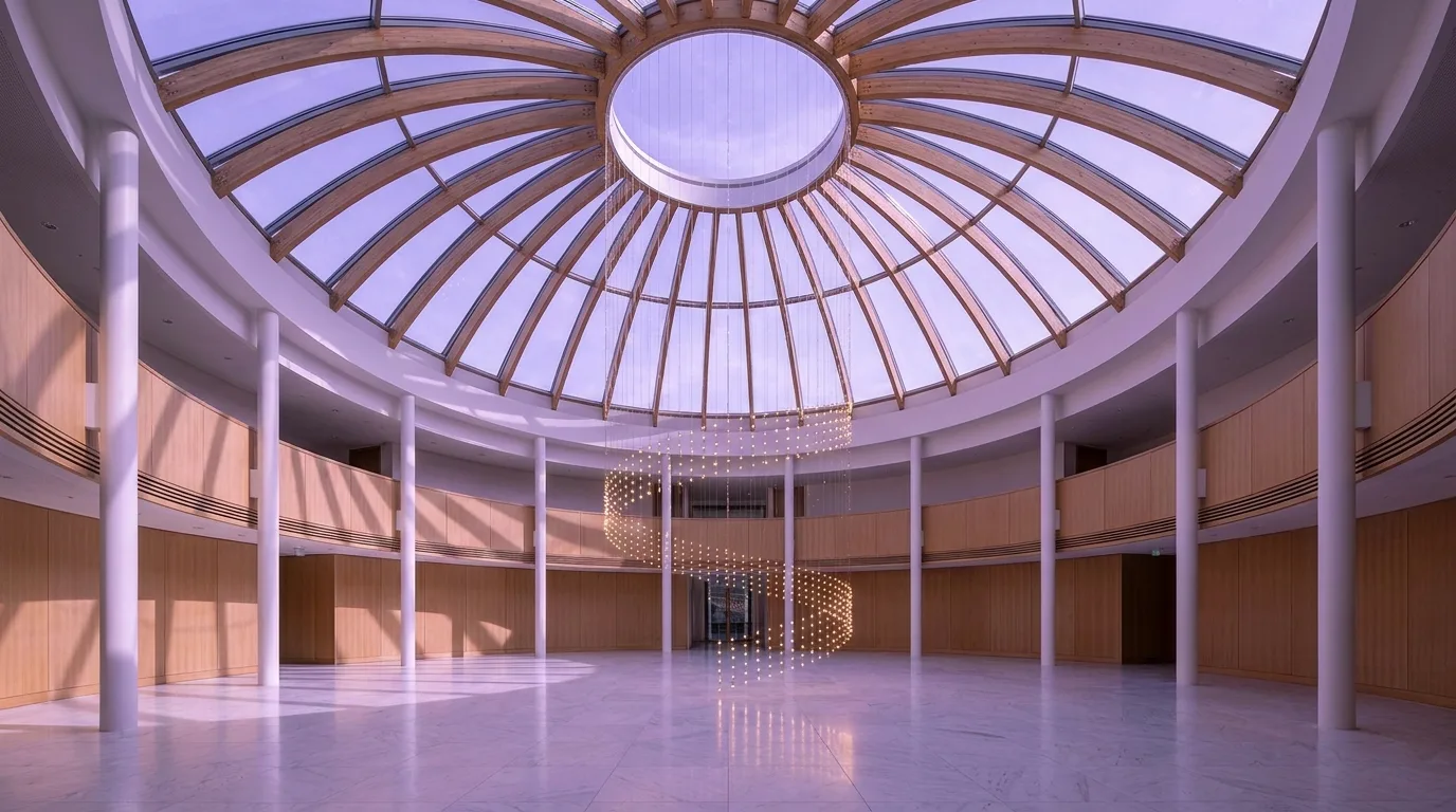 Domed observatory atrium with a spiral of light points at violet dusk